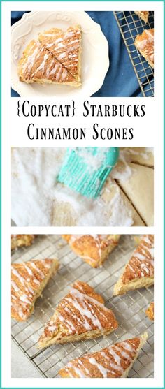 some cinnamon scones on a cooling rack with the words copycat's starbuck's cinnamon scones