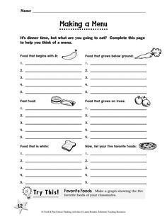 the worksheet for making a menu is shown in black and white, with food items