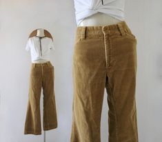 "1970's cotton corduroy zip and hook fly hip and slit back pockets 30\" waist see measurements for sizing Measures: 30\" waist, 39.5\" hips, 9 1/4\" rise, 24\" thigh, 29\" inseam  Cleaned and ready to wear  worrrn, aged and distressed" Mustard Jeans, Vintage 60s, Pants Trousers, Corduroy Pants, Boho Hippie, Gold Yellow, Trousers Women, Hippie Boho, Favorite Outfit