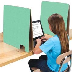 Offer Digital And Testing Privacy With Extra Tall Dividers Keep eyes from wandering remove distractions and help ensure focus and concentration during tests or assignments with Tall Privacy Dividers from Really Good Stuff Our attractive and functional Privacy Shields are made with economical long lasting corrugated cardboard  Extra tall in a soft green pattern these desk privacy shields are ideal for digital testing and activities They re great for everyday use in classrooms computer labs writer Workstation Design, Desk Divider, Tall Desk, Chaos Control, Normal Design, Office Dividers, Desk Dividers, Teaching Supplies, Student Desks