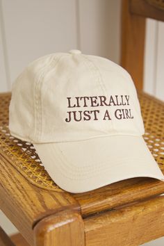 The &quot;Literally Just a Girl&quot; Baseball Cap adds a playful touch with its humorous embroidered phrase, complete with an adjustable back strap for a comfortable. Womens Baseball Hats, Trendy Hats For Women, White Dress Skirt, Trendy Hats, Usa Cap, Trendy Caps, Girl Baseball Cap, Best Caps, Baseball Girls