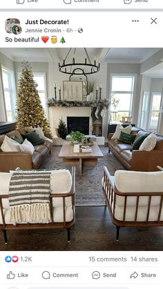 a living room filled with furniture and a christmas tree in the middle of the room