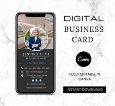 the digital business card is designed to look like an iphone with a woman's face on