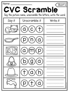 the cvc scramble worksheet for children to learn how to read and write