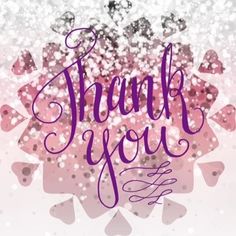 a thank card with the words thank you in purple and pink colors on a white background