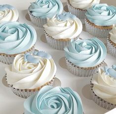 there are many cupcakes with blue frosting on the top and one is white