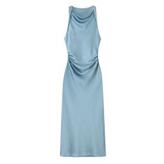 Color: Blue, Size: M Elegant Light Blue Ruched Midi Dress, Blue Sheath Midi Dress For Summer, Chic Blue Maxi Dress, Blue Sheath Midi Dress For Spring, Chic Light Blue Maxi Dress For Date Night, Light Blue Casual Evening Dress, Blue Sheath Midi Dress For Date Night, Chic Light Blue Maxi Dress For Night Out, Chic Light Blue Midi Dress For Night Out