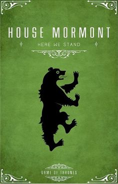 a green poster with the words house mormon here we stand and a black bear on it