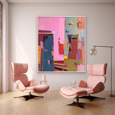 an abstract painting hangs on the wall next to two chairs