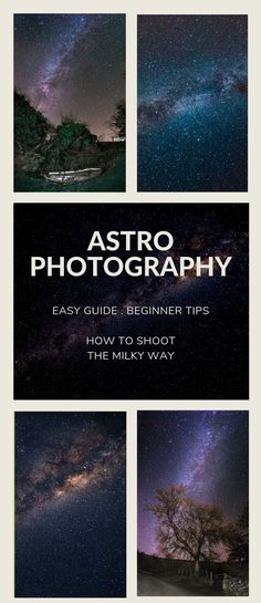 the book cover for astro photography, with four images of trees and stars in the sky