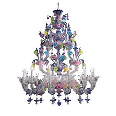 a chandelier with many different colored glass flowers