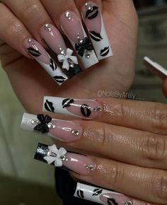 Black And White Valentines Nails, White Valentines Nails, Valentines Nail Set, Black And White Valentines, Coquette Valentines, Rave Nails, Valentines Nail