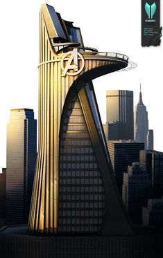 an artistic rendering of a futuristic building with skyscrapers in the background