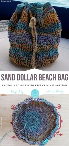 a crocheted bag is shown with the text sand dollar beach bag