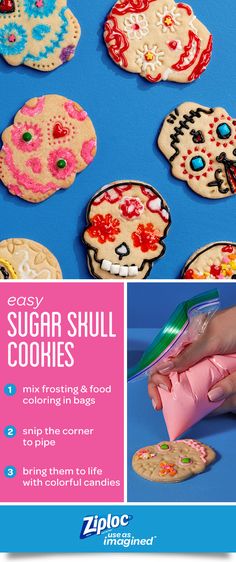 sugar skull cookies are being made with colored icing