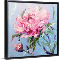 a painting of pink flowers on a blue background