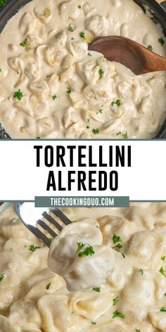 a skillet filled with tortellini alfredo sauce