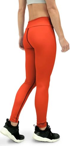 Solid Hot Orange Yoga Pants Solid Color High Waist Yoga Pants For Training, High Waist Solid Yoga Pants For Training, Stretch Orange Activewear For Running, Breathable Solid Full-length Bottoms, Breathable Full-length Solid Bottoms, Orange Compressive Activewear For Gym, Compressive Orange Activewear For Gym, Tight Elastane Sports Bottoms, High Waist Go-dry Fitted Yoga Pants