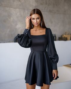 Fabric: High-quality satin Viscose 35%, Polyester 35%, Cotton 20% Nylon 10% Mini length Long sleeve Dress length 85cm/ 33,4in Sleeves length 68cm/ 26,7in Skirt length 45cm/ 17,7in