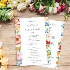 two wedding programs with flowers on them sitting next to each other and the words, wedding of alexandria and zachary