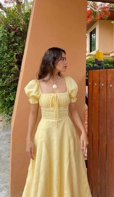 Flower Sun Dress, Yellow Peasant Dress, Graduation Party Dresses Casual, Pretty Casual Dresses Long, Sunny Dress Summer Outfits, Yellow Milkmaid Dress, Summer Dress Inspo 2024, Sun Dresses With Sleeves, Modest Maxi Dress Summer