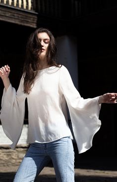 Bell sleeve shirt - BastetNoir Oversized White Linen Shirt, Sheer White Shirt, White Bell Sleeve Top, Flare Shirt, Bell Sleeve Shirt, White Linen Shirt, Bespoke Fashion, Open Sleeve, Bateau Neckline