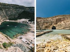 two pictures side by side one with boats and the other with rocks