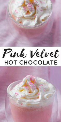 pink velvet hot chocolate with whipped cream and sprinkles in a glass cup