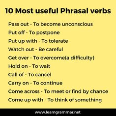 a yellow poster with words that say, 10 most useful phrasal verbs