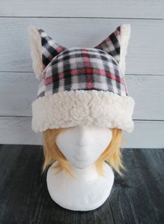 White Plaid Winter Cat Fleece Hat - Sherpa Hat Winter Costume Hats And Headpieces With Cat Ears, Winter Costume Cat Ears Hats And Headpieces, Winter Novelty Cat Ears Hat, Novelty Cat Ears Winter Hat, Winter Costume Hat One Size, Themed Winter Hats For Cosplay, Themed Winter Cosplay Hats, Novelty Cat Ears Costume Hats For Winter, Winter Novelty Brimmed Costume Hats And Headpieces