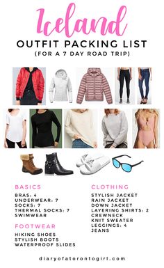 the iceland outfit packing list for 7 day road trip with text overlay that says iceland