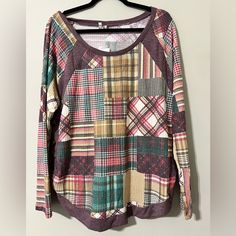 Made In Cambodia Polyester Spandex Blend Machine Washable B66 Cozy Plaid Long Sleeve Top, Long Sleeve Patchwork Tops For Loungewear, Purple Knit Long Sleeve Top, Purple Long Sleeve Knit Top, Cozy Patchwork Tops For Fall, Purple Knit Crew Neck Top, Purple Crew Neck Top For Layering, Cozy Multicolor Long Sleeve Tops, Purple Patchwork Long Sleeve Top