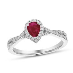 Pear-Shaped Ruby and 1/5 CT. T.W. Diamond Frame Crossover Engagement Ring in 18K White Gold|Zales Crossover Engagement Ring, Twisted Ribbons, Diamond Frame, Twisted Band, Radiant Diamond, Contemporary Classic, Split Shank, Sparkle Diamonds