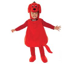 a child wearing a red dog costume