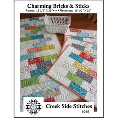 two quilted placemats on top of each other with the words charming bricks and sticks written across them