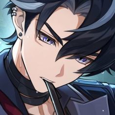 an anime character with black hair and blue eyes looking at the camera while holding a knife in his hand