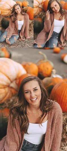 a woman sitting on the ground surrounded by pumpkins