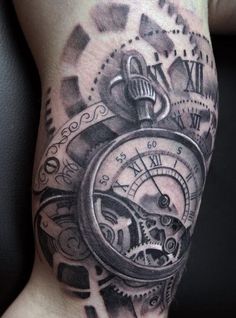 an image of a clock tattoo on someone's left leg with the words, old fashioned clock tattoo sleeve