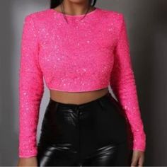 Nwt Shein Hot Pink Sparkly Crop Top. Long Sleeves And Zips Up The Back. Small(4). Super Cute But My Daughter Says It’s Too Tight On Her Shoulders And I Never Send Things Back. Perfect To Wear To The Barbie Movie Or Any Festive Occasion. Sparkly Top Outfit, Glitter Tops Outfit, Pink Top Outfit, Glitter Crop Top, Sparkly Crop Tops, Hot Pink Tops, Black Crop Top Tank, Sequin Crop Top, Crop Top Outfits