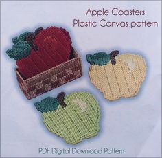 three knitted apples and an apple in a basket with the words,'plastic canvass pattern '