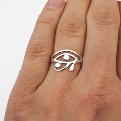 Egyptian Eye of Horus ring in 925 sterling silver. Available in sizes 6, 7, 8 and 9. ♥ FREQUENTLY BOUGHT TOGETHER ♥ - Sterling Silver Polishing Cloth: https://etsy.me/3ieXQyh Looking for more sterling silver jewery? Check out our collection: https://charmphilosophy.etsy.com ♥ PACKAGING ♥ Our rings come in a jewelry box with a jewelry card background. If you would like a custom message included on the jewelry card background, please tell us in the GIFT MESSAGE when you pay.  ♥ SHIPPING INFO ♥ We Silver Symbolic Midi Rings, Symbolic Silver Hypoallergenic Jewelry, Symbolic White Sterling Silver Rings, Nickel Free Symbolic Open Ring Jewelry, Silver Symbolic Midi Rings In Sterling Silver, Silver Symbolic Midi Rings For Wedding, Symbolic Silver Hypoallergenic Rings, Symbolic Silver Midi Rings In Sterling Silver, Symbolic Silver Sterling Midi Rings