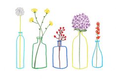 four different colored vases with flowers in them on a white background, one is drawn by hand