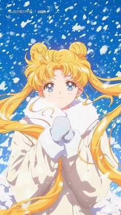 an anime character with long blonde hair and blue eyes, wearing white clothes in the snow