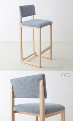 two different views of the same chair, one in blue and one in light wood