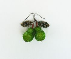 Green Fruit Design Earrings For Gifts, Green Fruit Design Earrings As Gift, Green Fruit Design Earrings Gift, Gift Green Earrings With Fruit Design, Green Dangle Earrings With Fruit Design, Green Teardrop Beaded Earrings For Gifts, Green Drop Earrings With Fruit Design, Beaded Fruit, Pear Earrings