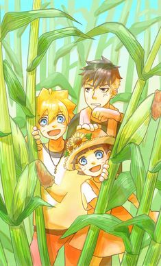 three young boys standing in the middle of a corn field with their backs turned to look like they are looking at something