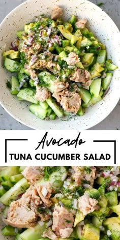 tuna cucumber salad in a white bowl