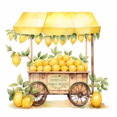 a watercolor painting of lemons in a cart