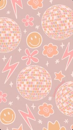 an image of a pattern with smiley faces and lightnings on pink background, as well as stars