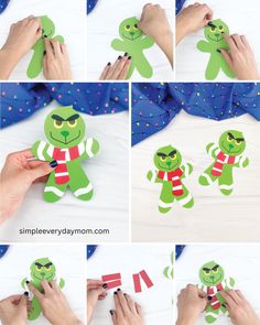 the instructions for making a paper cut out of a green monster with red and white stripes